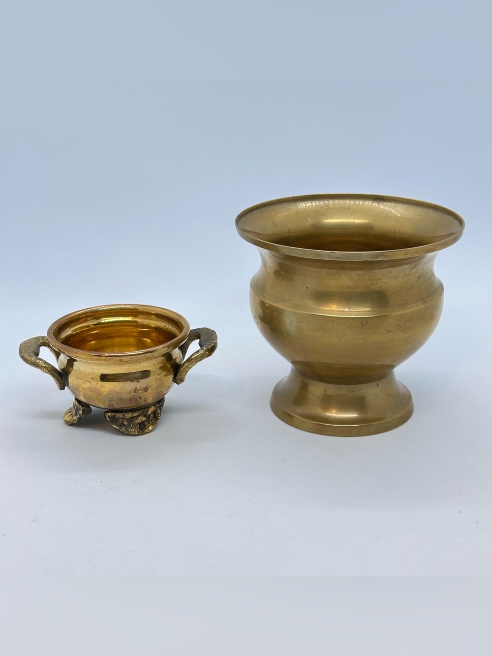 Lot/2 VTG Mini Unique Shaped Brass Flower Pot Planter &Handled/Footed Bowl India